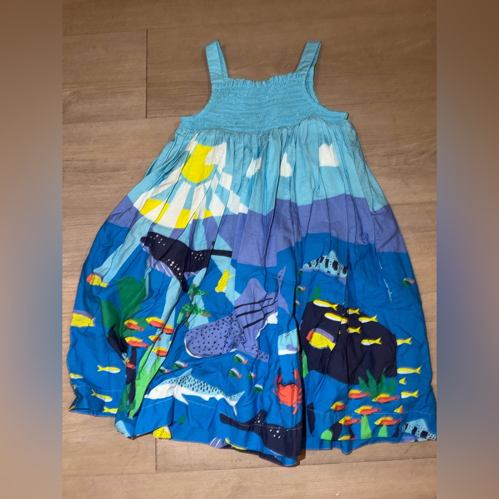 Mini Boden aqua blue reef scene or sea life dress 6/7Y